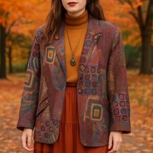 90s Vintage Tapestry Oversized Abstract Print Blazer Green Red Multicolor Large